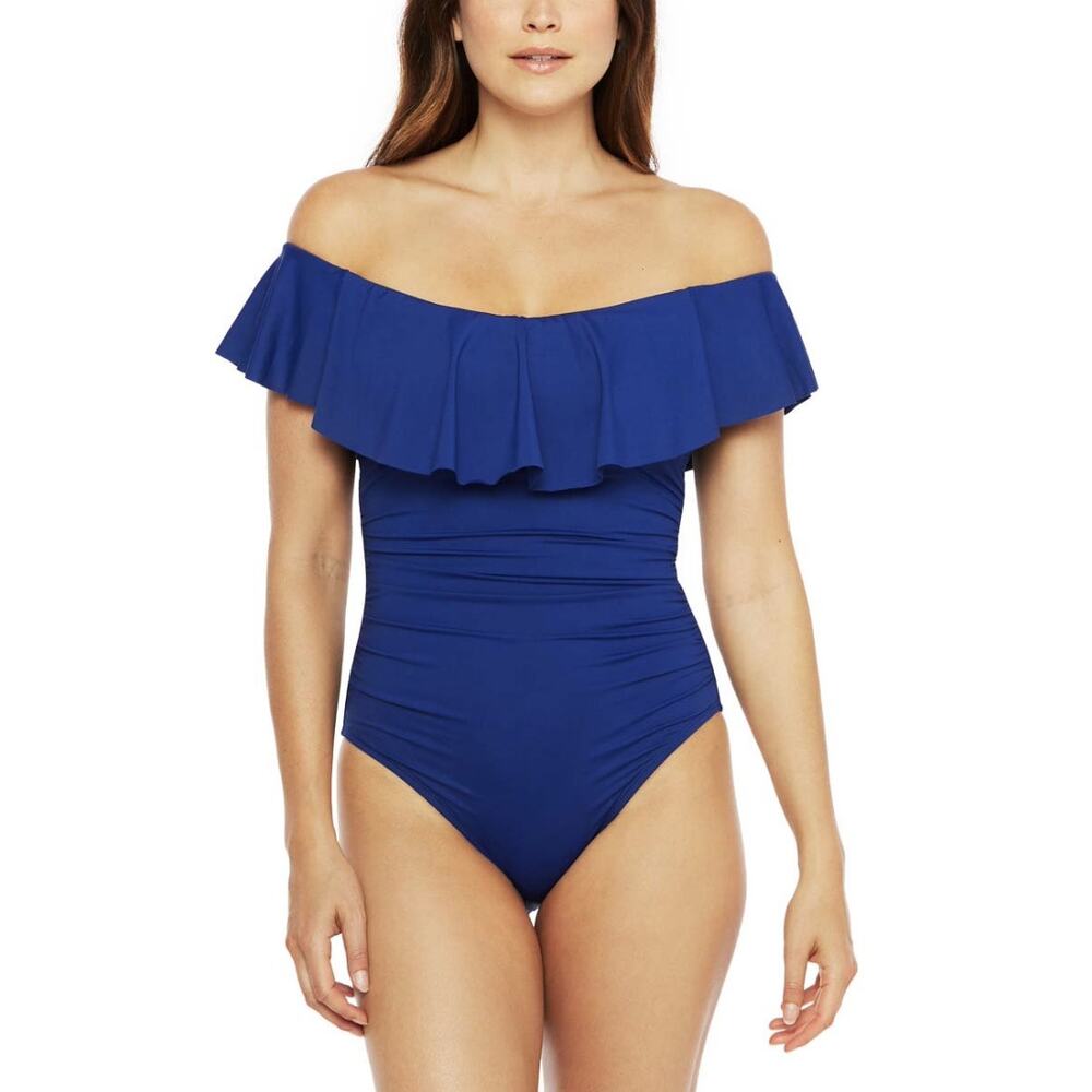 La Blanca Tummy Control Ruffle Off Shoulder One Piece Swim Womens 4 Blue Island